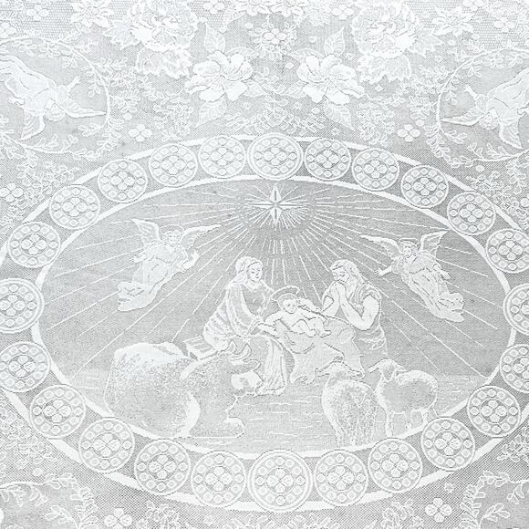 Round White Lace Tablecloth Nativity Scene 70 Inch Intricate Weave Polyester - Picture 5 of 7